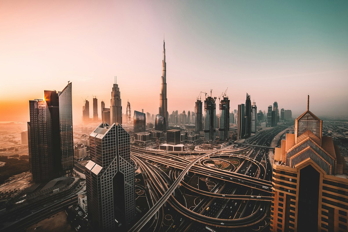 The Dubai skyline with Burj Khalifa at sunset, UAE