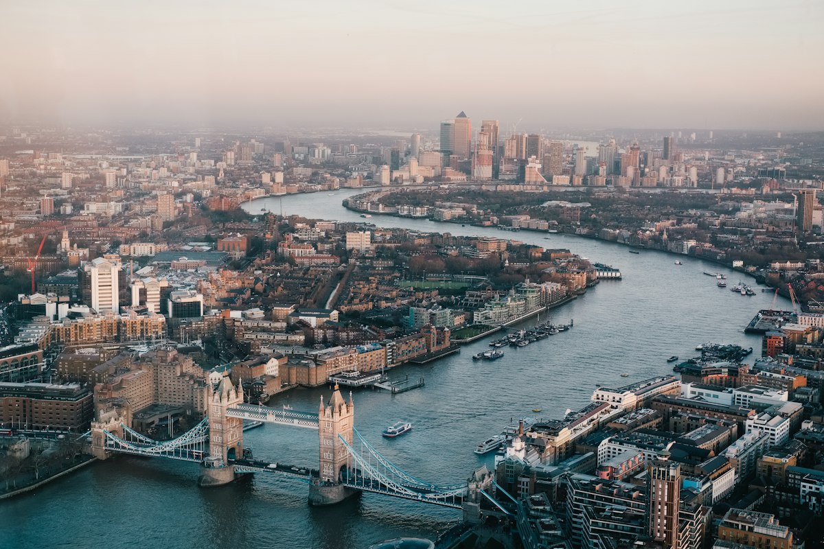 Aerial view of Tower Bridge and the Thames, London, UK
